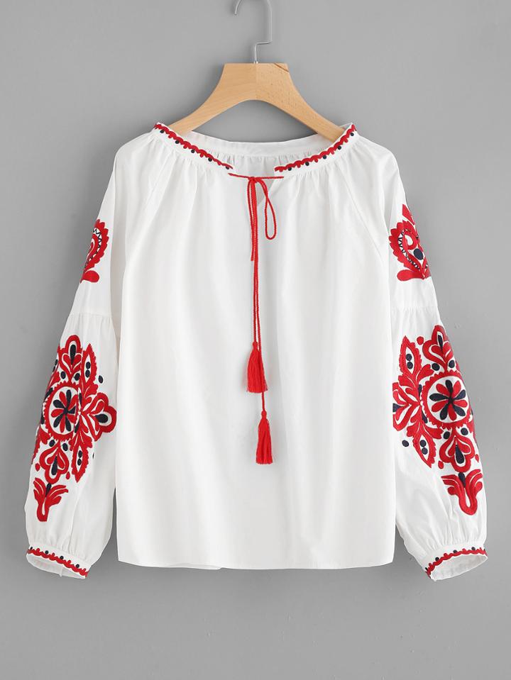 Shein Tassel Tie Lantern Sleeve Embroidery Blouse