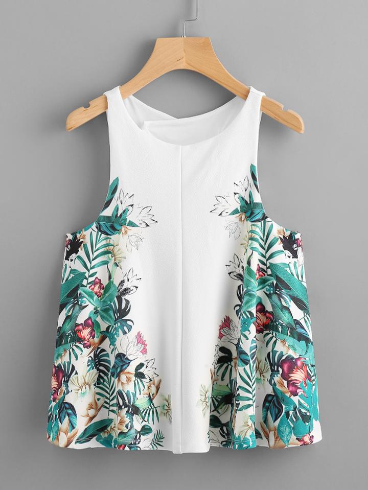 Shein Tropical Print Split Overlap Back Tank Top