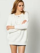 Shein White Long Sleeve Lace Up Loose Sweater