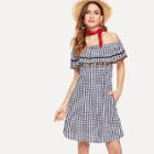 Shein Flounce Layered Pom Pom Trim Gingham Dress