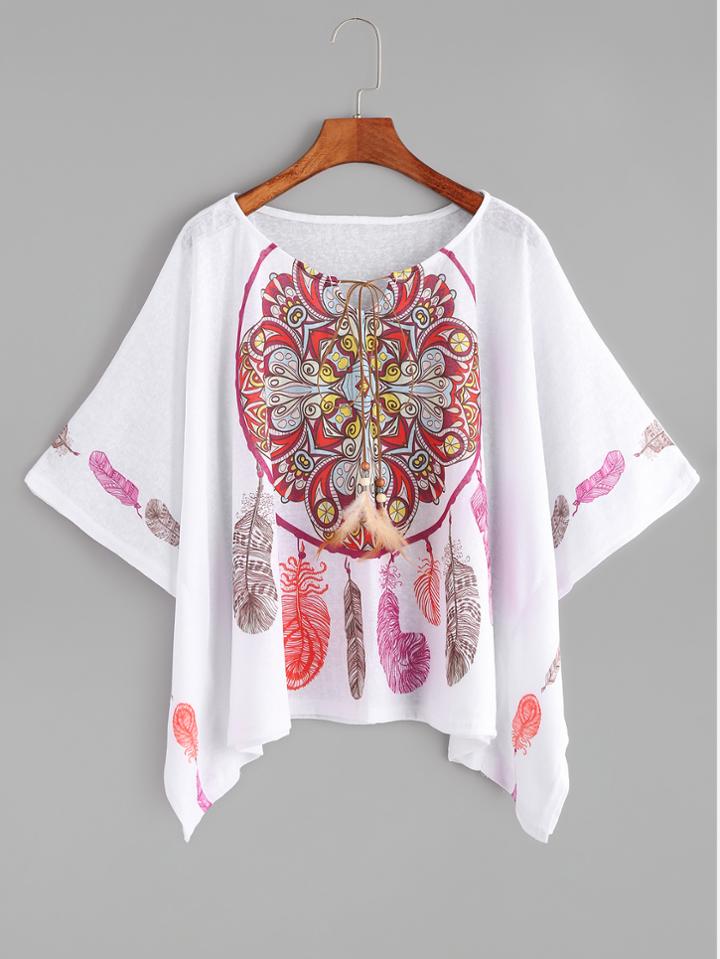 Shein White Vintage Print Dolman Sleeve Tie Neck T-shirt