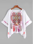 Shein White Vintage Print Dolman Sleeve Tie Neck T-shirt
