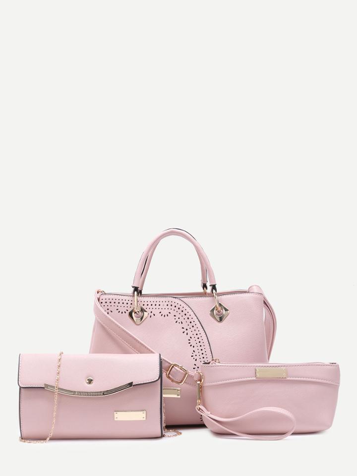 Shein Pink Pu Hollow Out Detail Multi Function 3pcs Bag Set