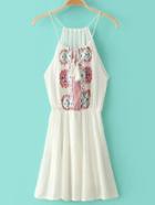 Shein Beige Spaghetti Strap Tie Neck Embroidery Dress