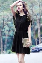 Shein Black Short Sleeve Bead Crystals Rhinestones Slim Chiffon Dress