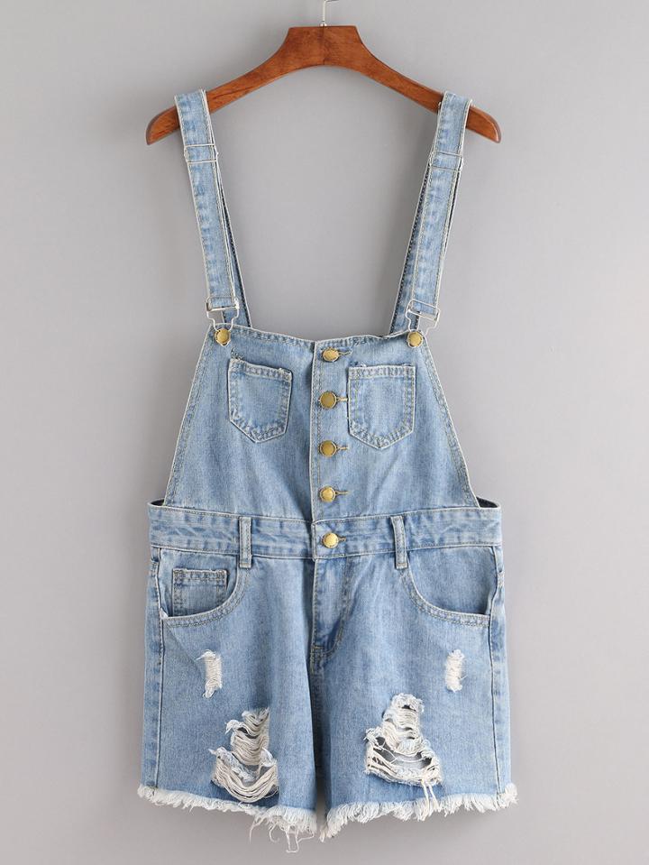 Shein Buttoned Front Ripped Blue Denim Overall Shorts