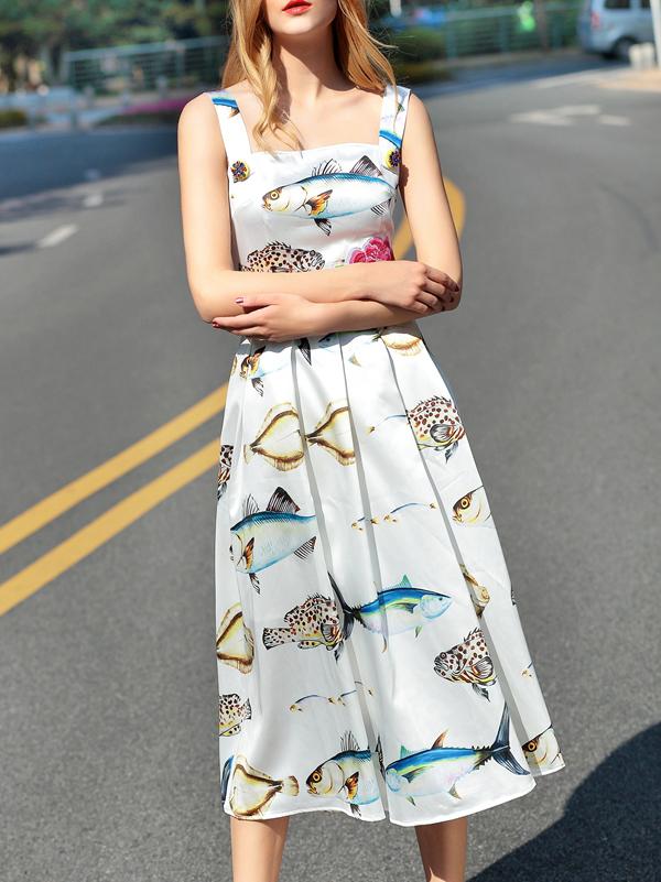 Shein White Boat Neck Fishes Print Dress