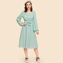 Shein Tie Waist Bishop Sleeve Gingham Dress