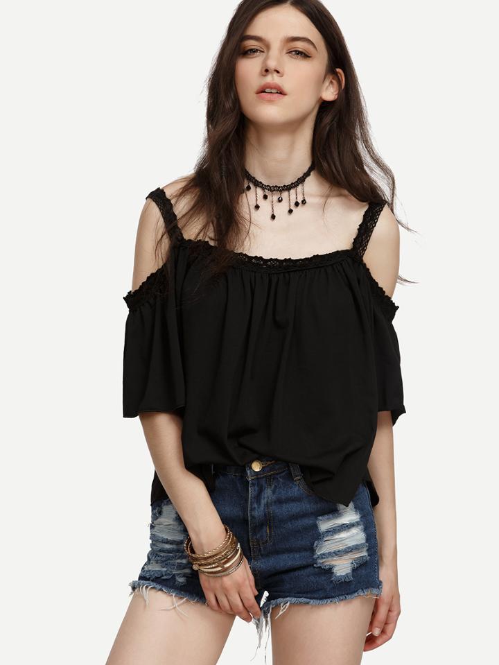 Shein Black Lace Trim Cold Shoulder Top