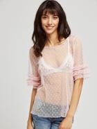Shein Light Pink Frill Detail Sleeve Sheer Dotted Mesh Top