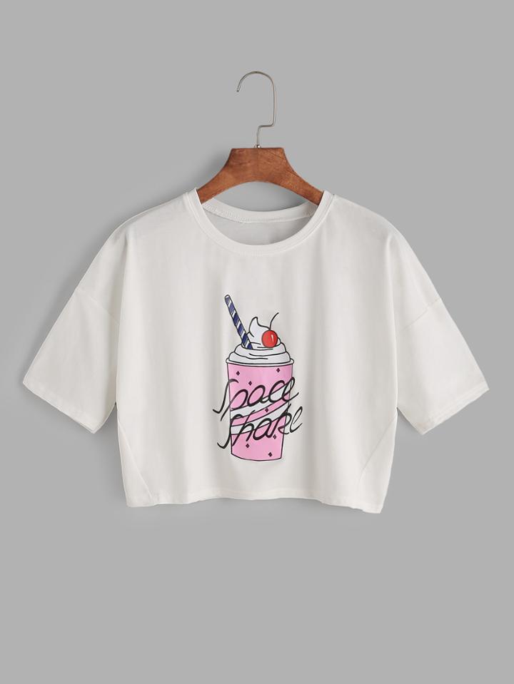 Shein White Ice Cream Print Drop Shoulder Crop T-shirt