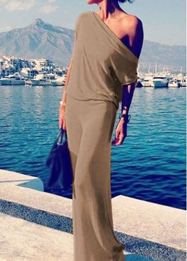 Rosewe Khaki Elastic Waist Skew Neck Maxi Dress
