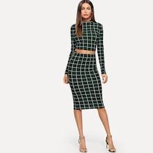 Shein Grid Print Crop Mock Top & Skirt Set