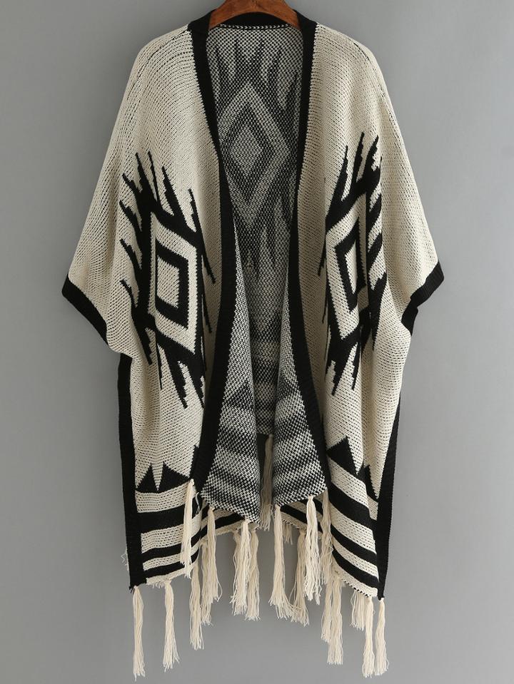 Shein Apricot Geometric Print Tassel Cardigan