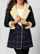 Shein Navy Lapel Plaid Pockets Woolen Coat