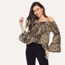 Shein Leopard Flounce Sleeve Off The Shoulder Blouse