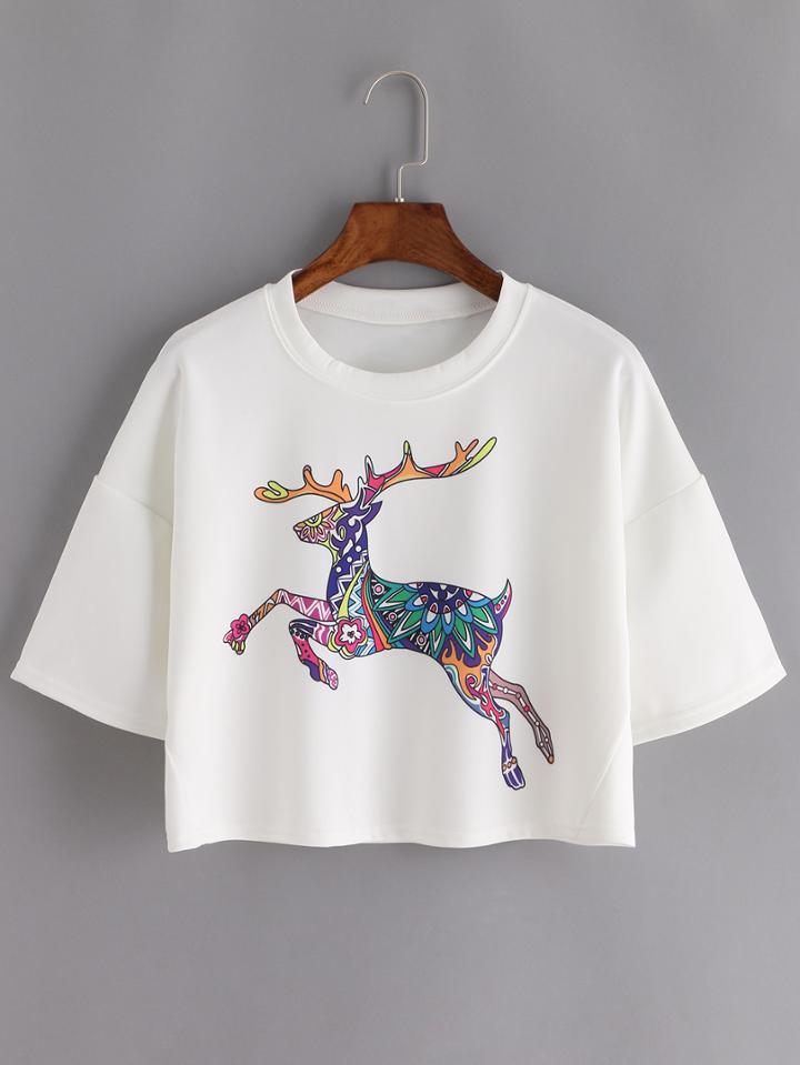 Shein Deer Print Crop White T-shirt