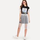 Shein Lace Contrast Sleeve Longline Tee With Mesh Skirt