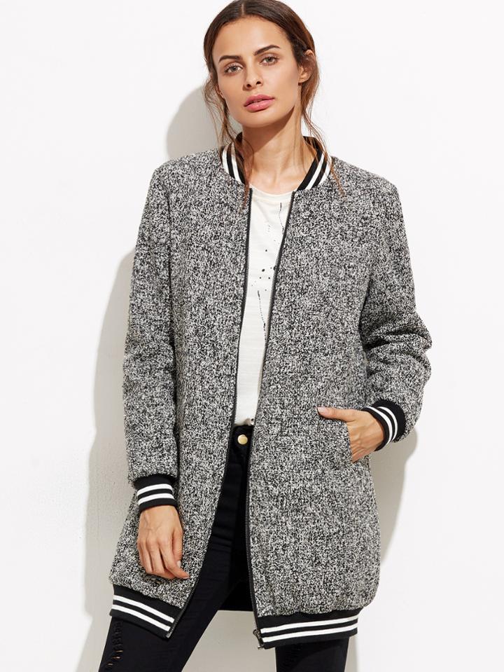Shein Black Marled Striped Trim Longline Bomber Jacket