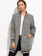 Shein Black Marled Striped Trim Longline Bomber Jacket