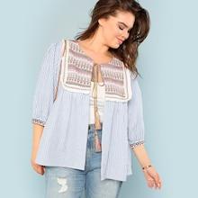 Shein Tribal Embroidered Yoke Tassel Tie Coat