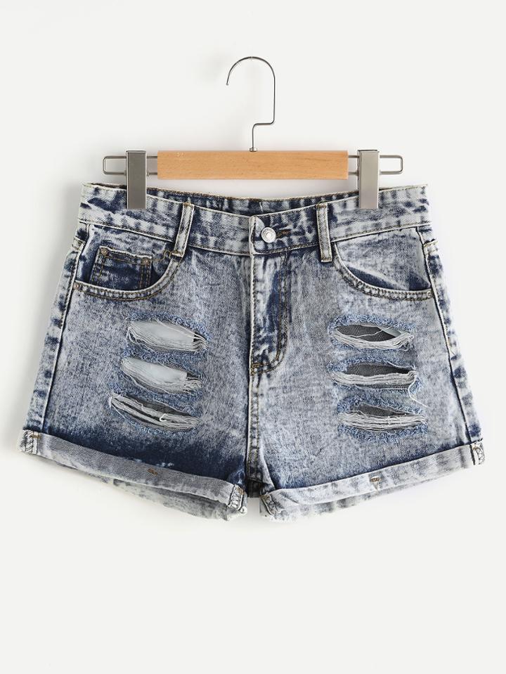 Shein Ripped Bleach Wash Cuffed Denim Shorts