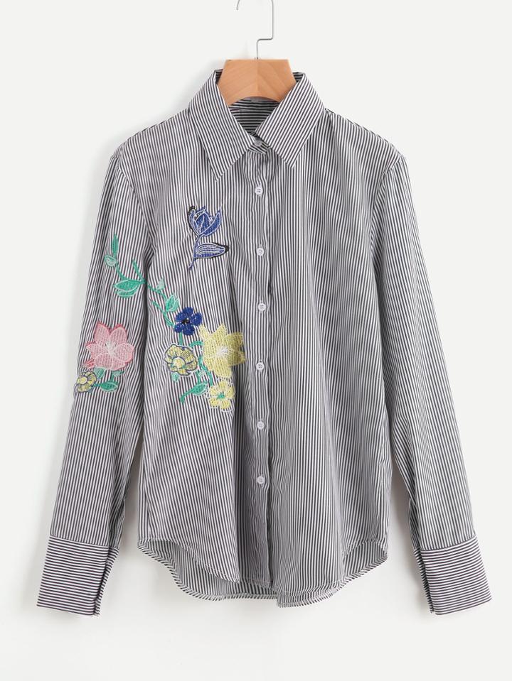 Shein Sharp Collar Pinstripe Embroidery Blouse