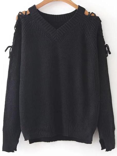 Shein Black V Neck Lace Up Sleeve High Low Sweater