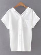 Shein White Roll-up Cuff Buttons Front Pocket Chiffon Blouse