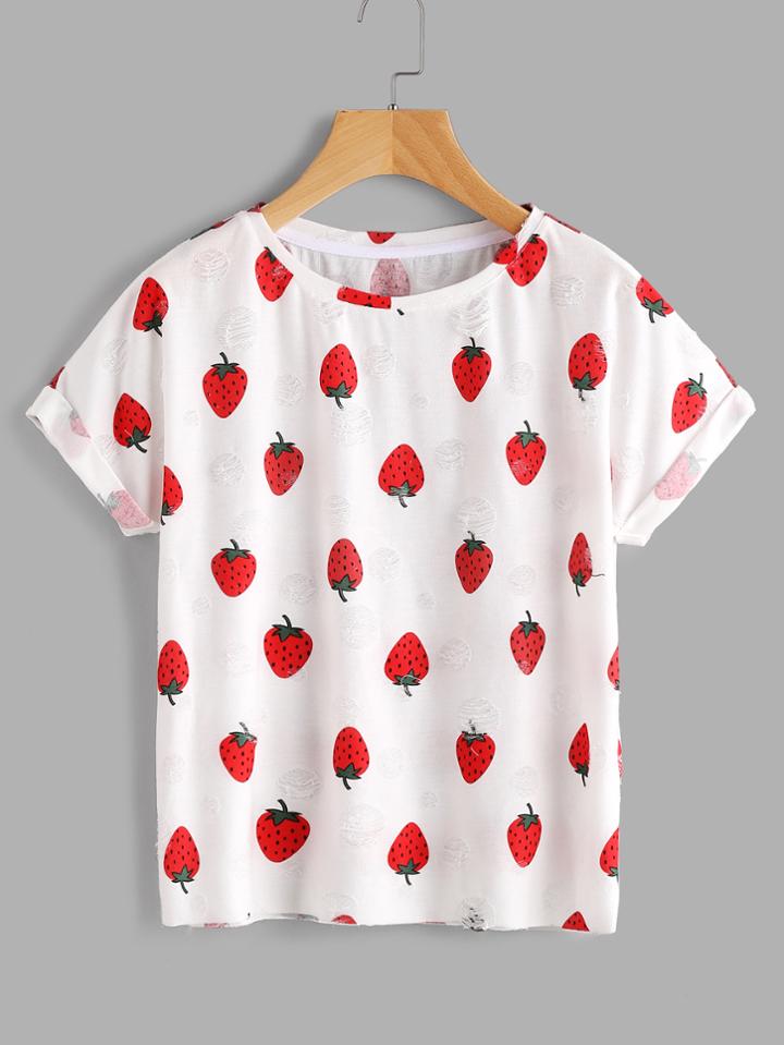 Shein Allover Strawberry Print Frayed Dot Tee