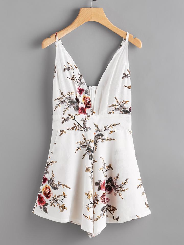 Shein Plunging Zipper Back Florals Cami Romper