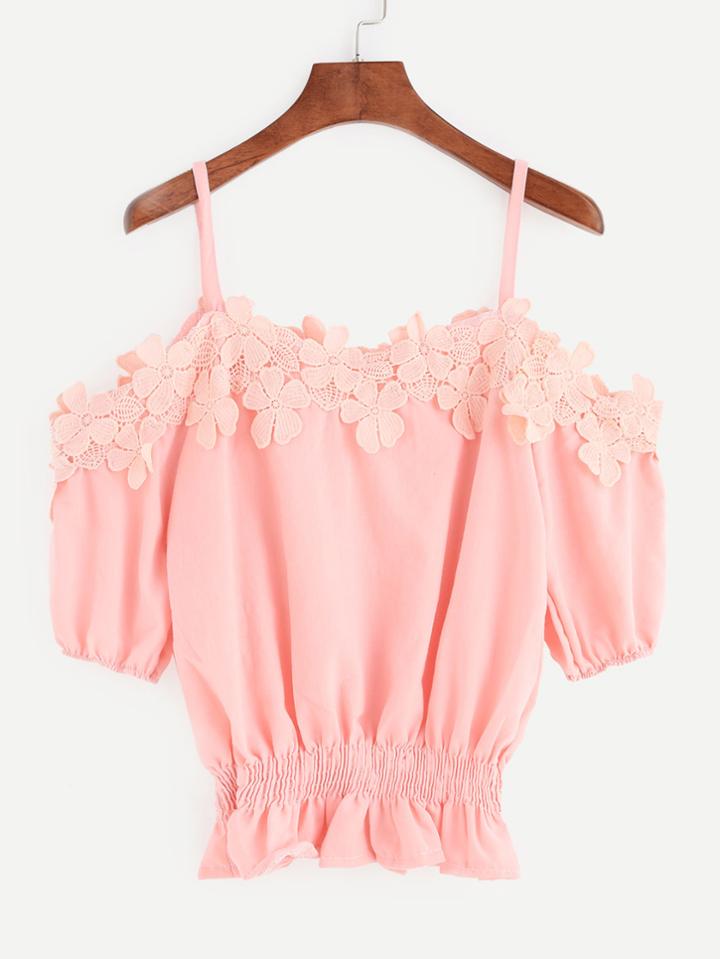 Shein Pink Cold Shoulder Appliques Peplum Blouse