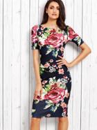 Shein Navy Rose Print Slit Back Pencil Dress