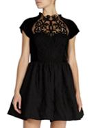 Shein Black Round Neck Short Sleeve Contrast Gauze Embroidered Jacquard Dress
