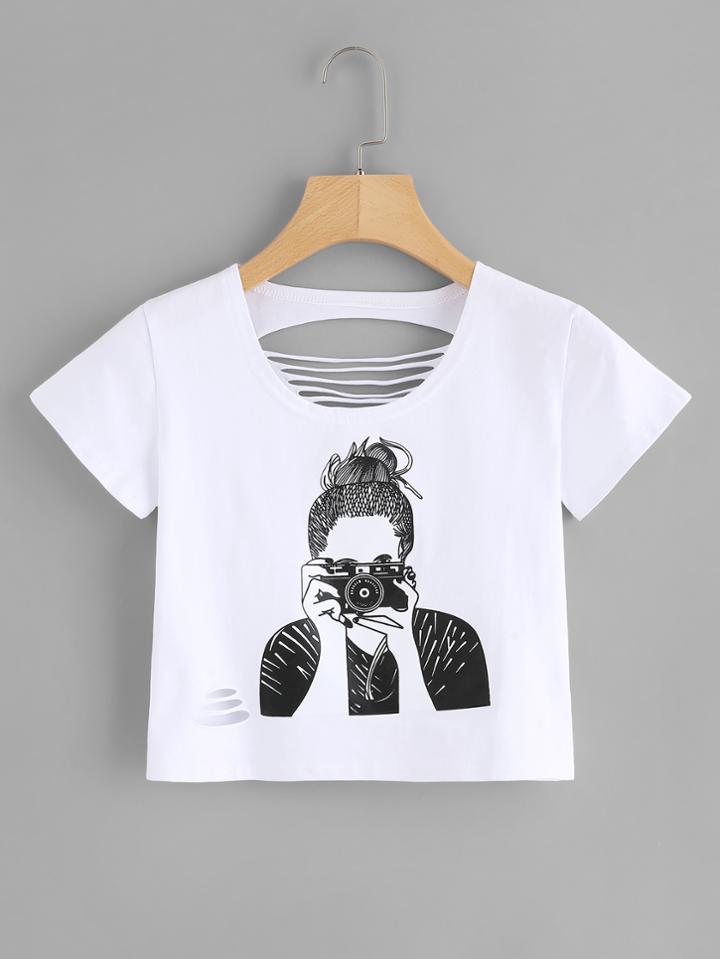 Shein Girl Print Cut Out Back Tee