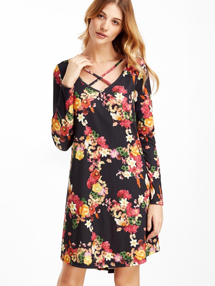 Shein Black Floral Print Crisscross Neck High Low Dress