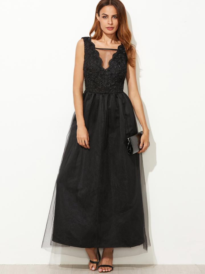 Shein V Neckline Mesh Overlay Scallop Embroidered Dress
