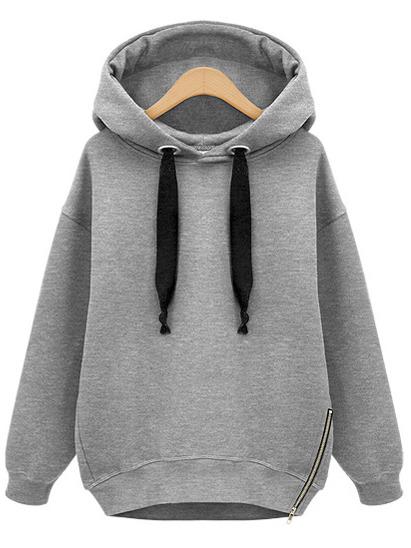 Shein Grey Hooded Drawstring Zipper Loose Sweatshirt