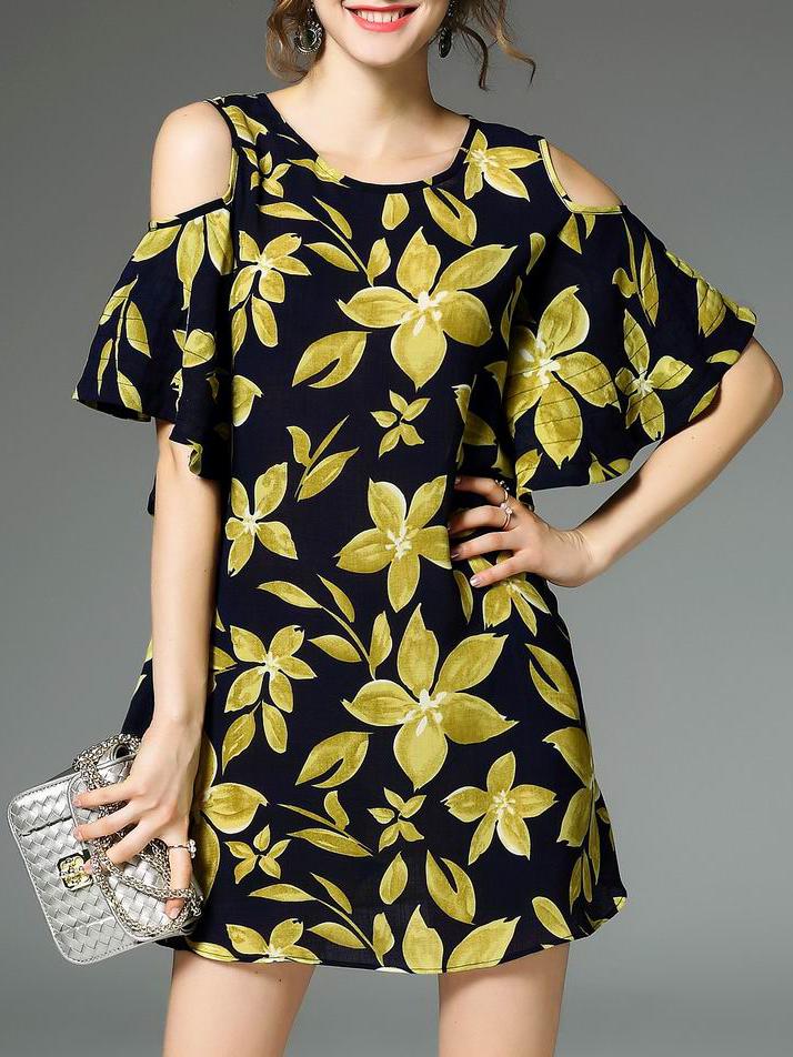 Shein Black Off The Shoulder Ruffle Leaves Print Dress