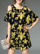 Shein Black Off The Shoulder Ruffle Leaves Print Dress