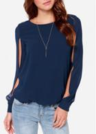Rosewe Round Neck Long Sleeve Navy Blouse
