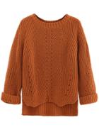 Shein Brown Cuffed Sleeve Dip Hem Textured Sweater