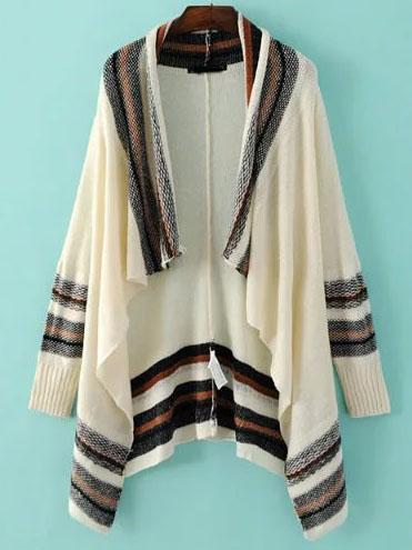Shein Beige Striped Ribbed Trim Poncho Sweater