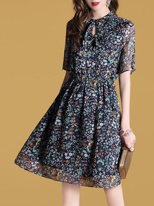 Shein Bowknot Neck Elastic-waist Hollow Floral Dress
