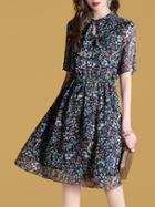 Shein Bowknot Neck Elastic-waist Hollow Floral Dress