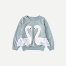 Shein Girls Swans Pattern Ruffle Trim Pullover