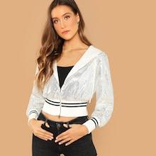 Shein Zip Up Drawstring Hoodie Sequin Jacket