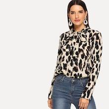 Shein Leopard Print Tied Neck Blouse