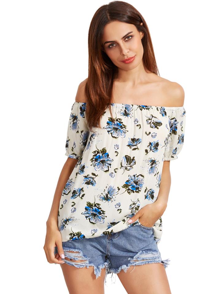 Shein Flower Print Off Shoulder Blouse