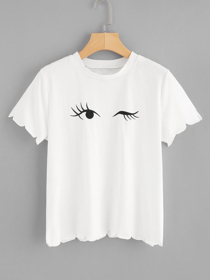 Shein Eye Print Scallop Edge Tee